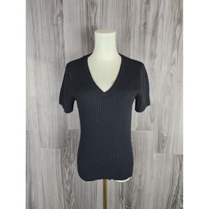 Evie Womens Black Cable Knit V-Neck Short Sleeve Sweater Size M